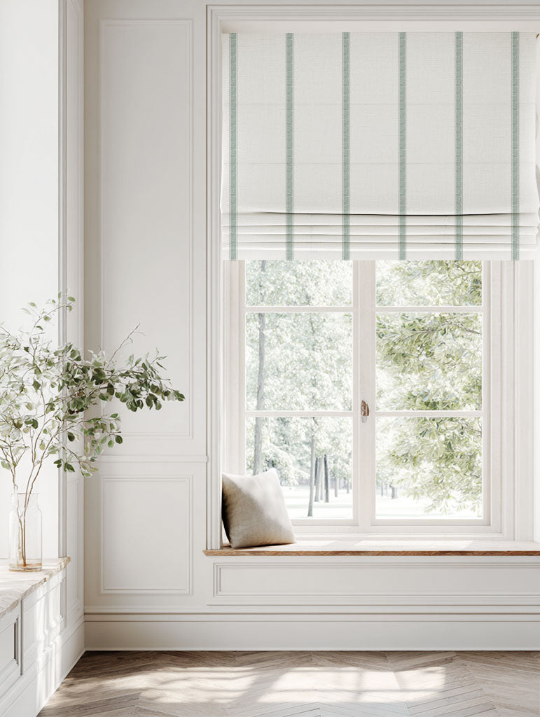 Green Striped Linen Roman blind - Rune Meadow - White base fabric.