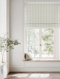 Green Floral Stripe Linen Roman Blind - Silvian Moss-WHT - White base fabric.