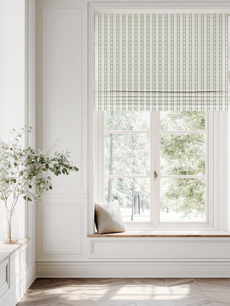 Green Floral Stripe Linen Roman Blind - Silvian Moss-WHT - White base fabric.