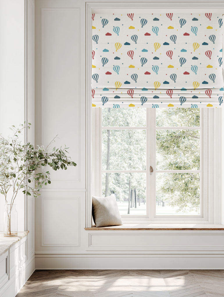 Blue Kids Linen Roman blind - Sky Ride Marine - White base fabric.