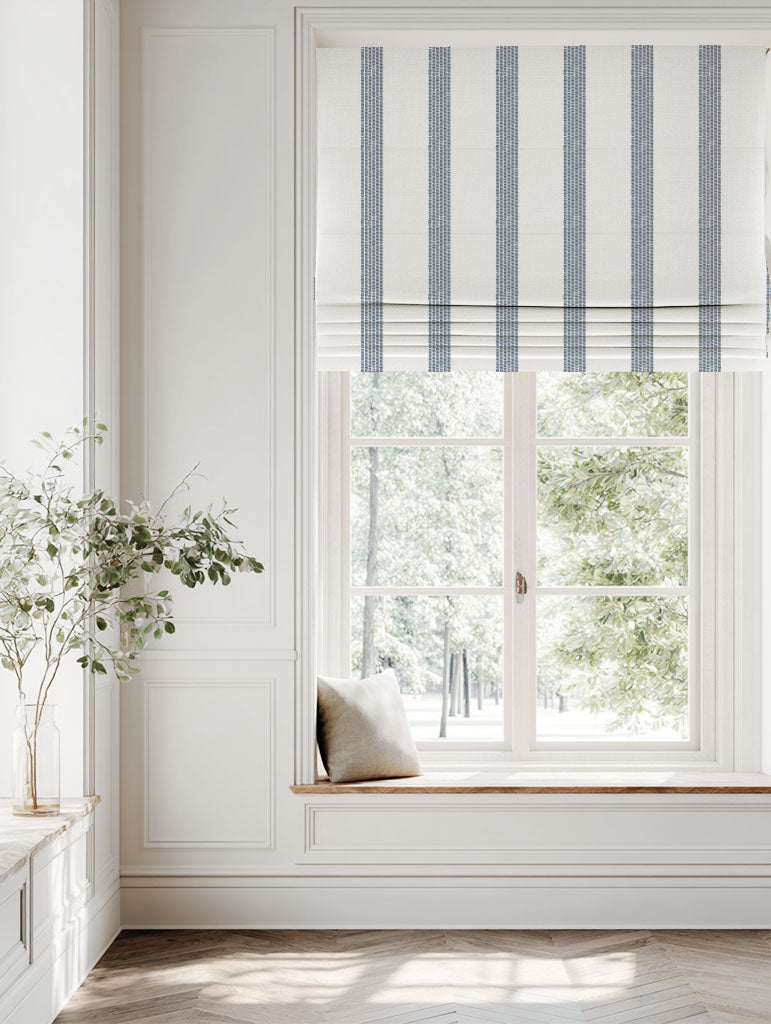 Blue Striped Linen Roman blind - Sumi Ink-WHT - White base fabric.