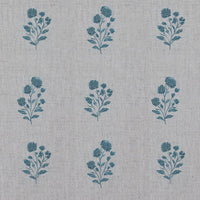 Blue Floral Linen Curtain Fabric - Cherie Blue Stone - Natural base fabric.