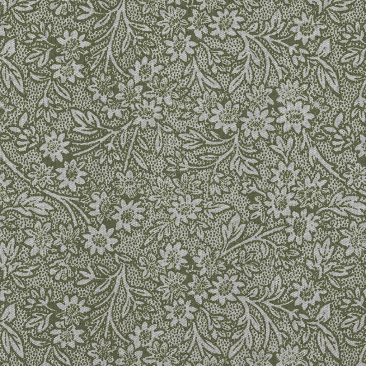 Green Floral Linen Curtain Fabric - Cheye Khaki - Natural base fabric.