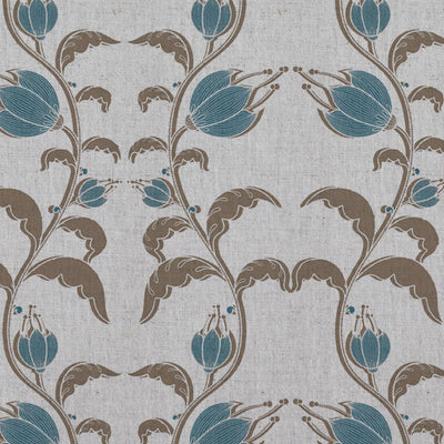 Blue and Brown Patterned Linen Curtain Fabric - Dana Blue Pebble - Natural base fabric.