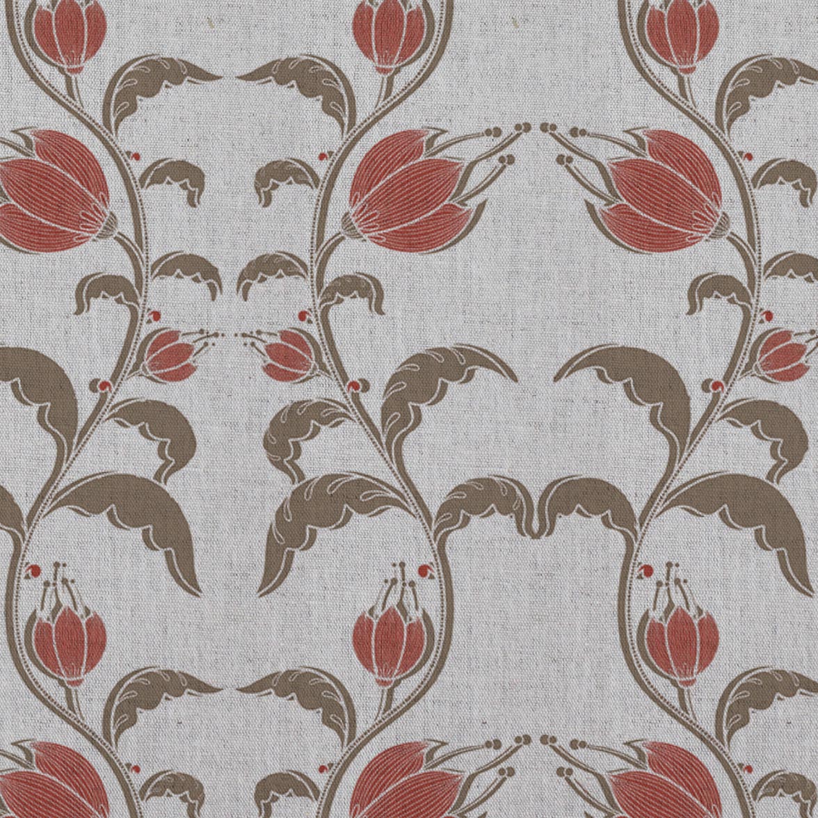 Red and Brown Patterned Linen Curtain Fabric - Dana Red Pebble - Natural base fabric.