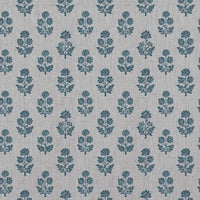 Blue Floral Linen Curtain Fabric - Doris Blue Stone - Natural base fabric.