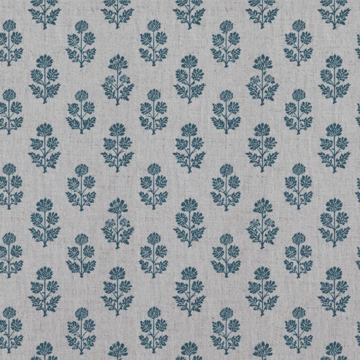 Blue Floral Linen Curtain Fabric - Doris Blue Stone - Natural base fabric.