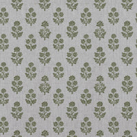 Green Floral Linen Curtain Fabric - Doris Khaki - Natural base fabric.