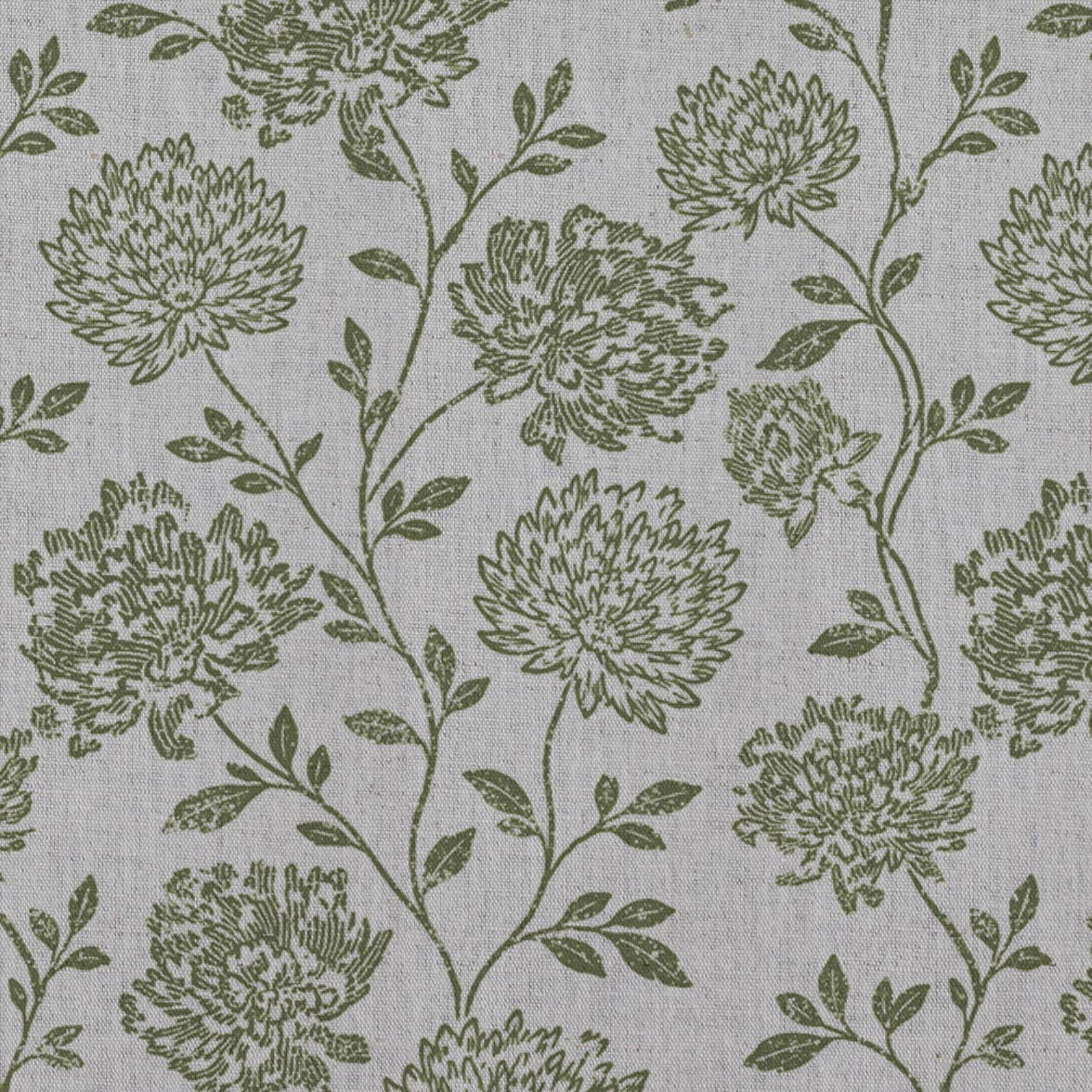 Green Floral Linen Curtain Fabric - Hulsey Khaki - Natural base fabric.