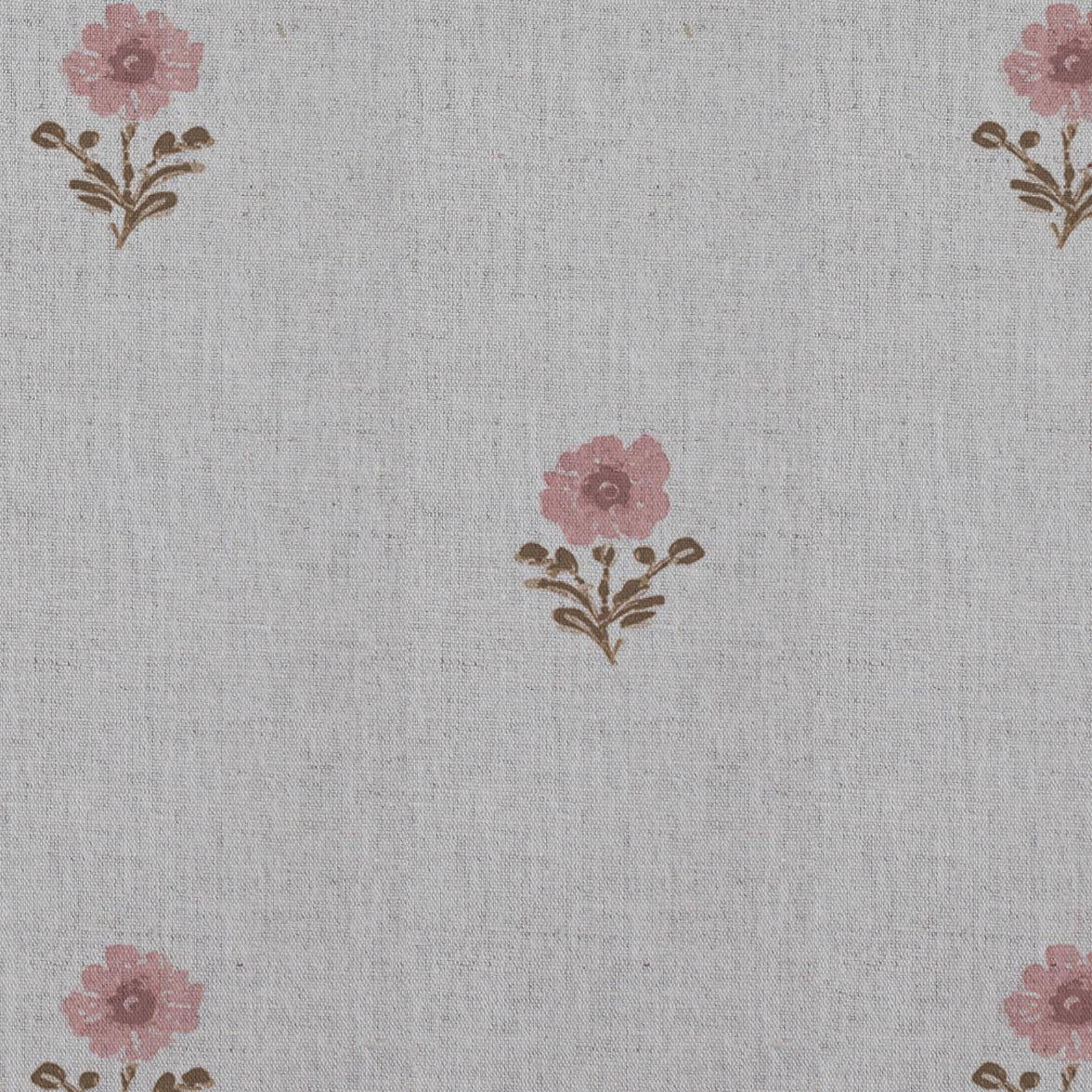 Pink and Brown Floral Linen Curtain Fabric - Ksandra Pink Sand - Natural base fabric.