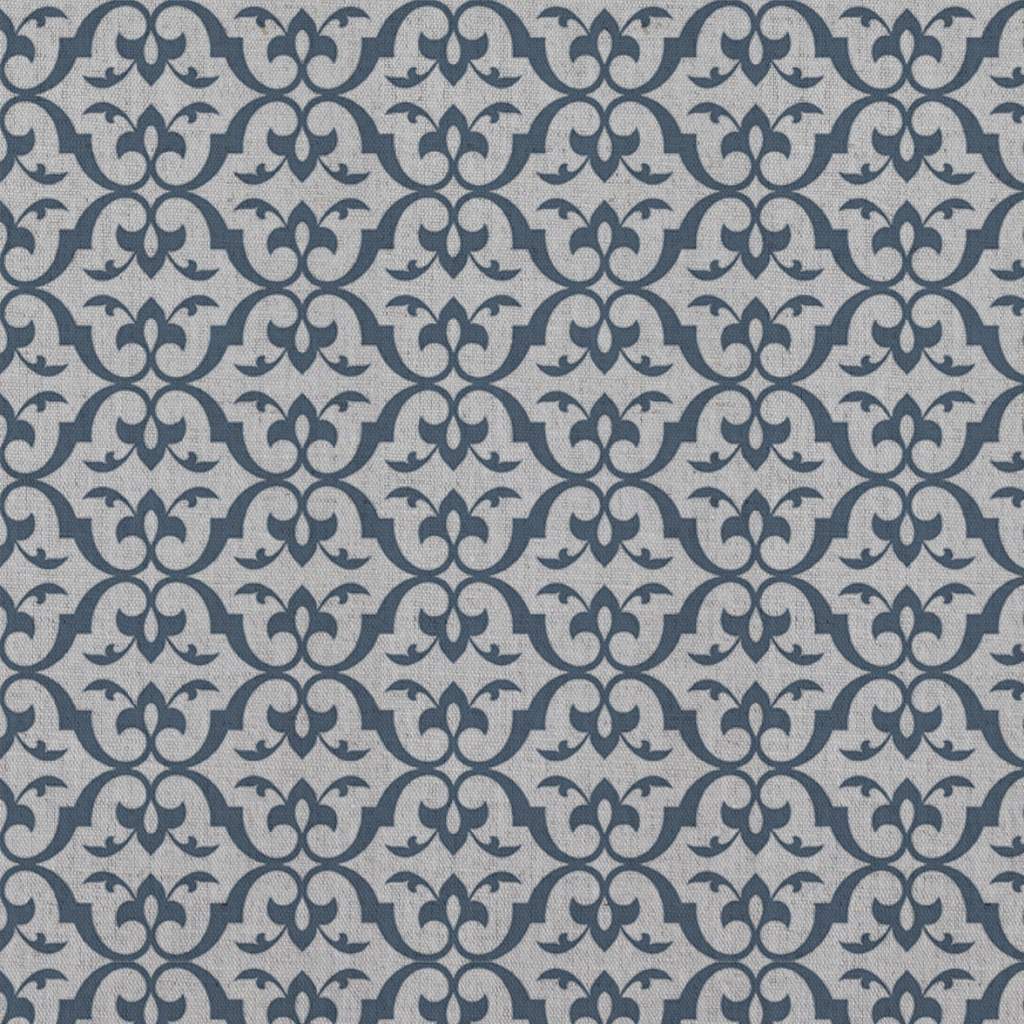 Blue Patterned Linen Curtain Fabric - Brita Denim - Natural base fabric.