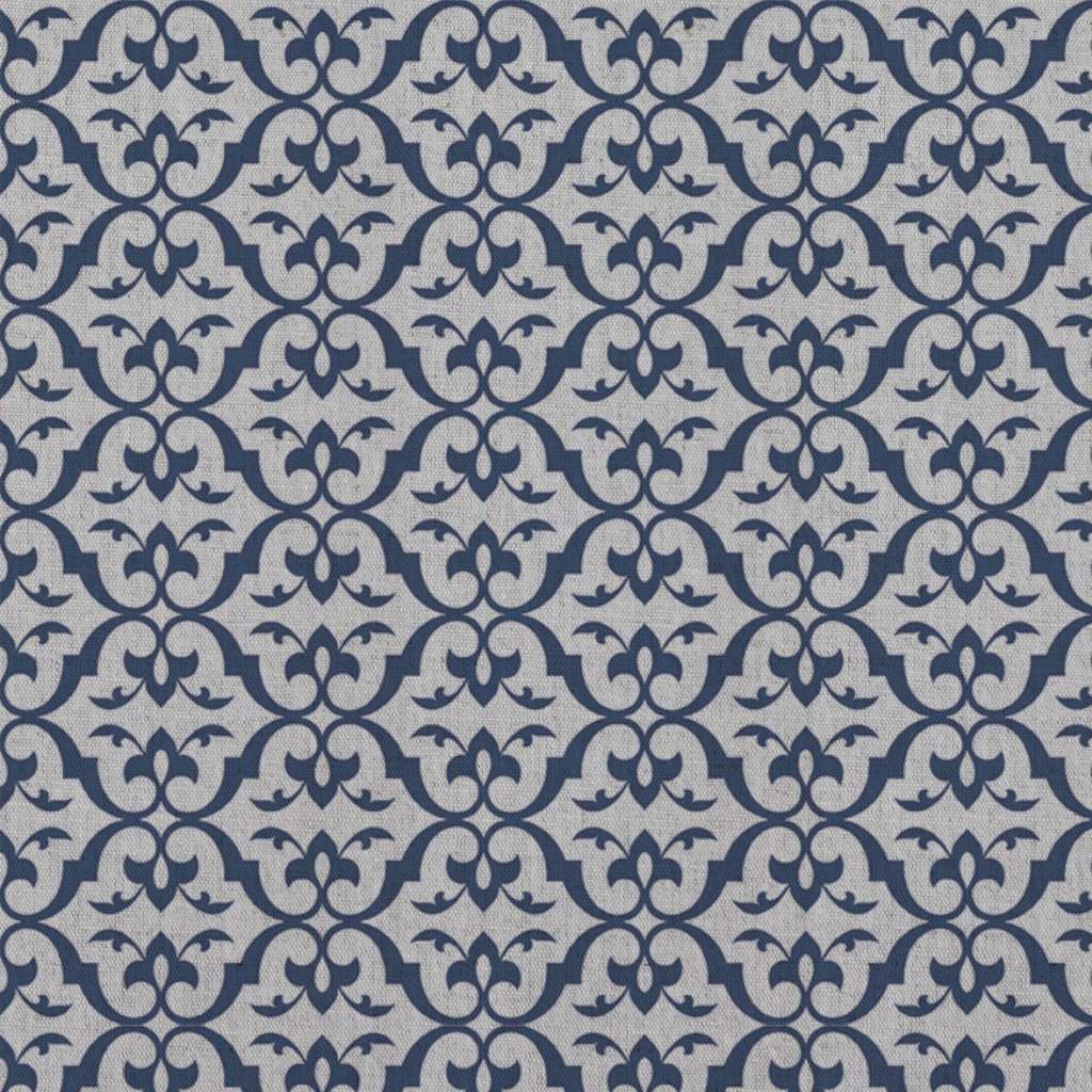 Blue Patterned Linen Curtain Fabric - Brita Night Blue - Natural base fabric.