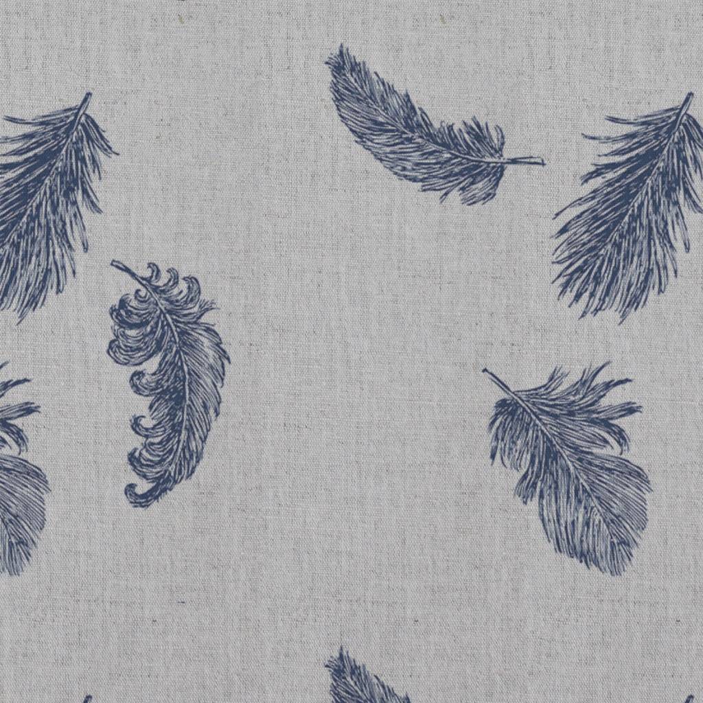 Blue Patterned Linen Curtain Fabric - Feathers Night Blue - Natural base fabric.