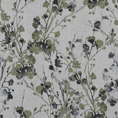 Green Floral Linen Curtain Fabric - FlowerBliss Olive - Natural base fabric.