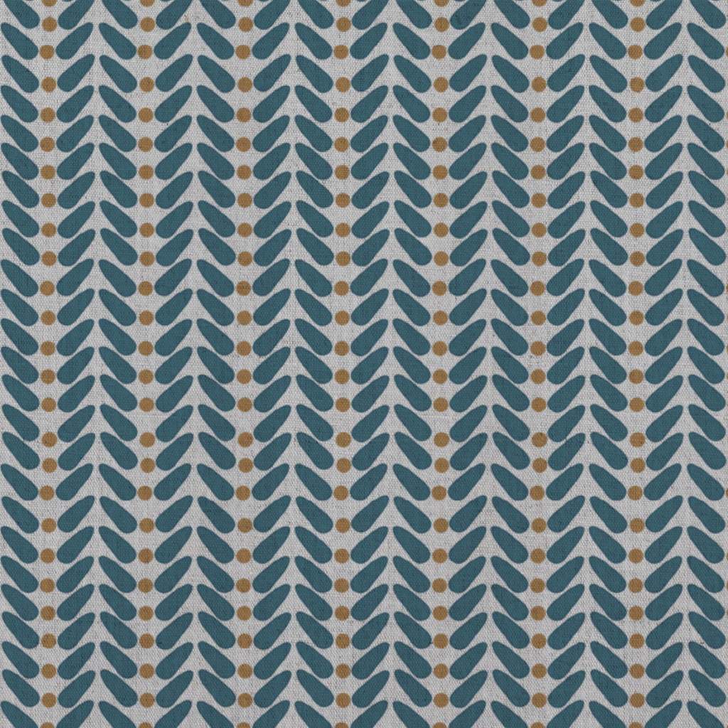 Blue / Orange Patterned Linen Curtain Fabric - Hulda Blue Stone - Ochre - Natural base fabric.