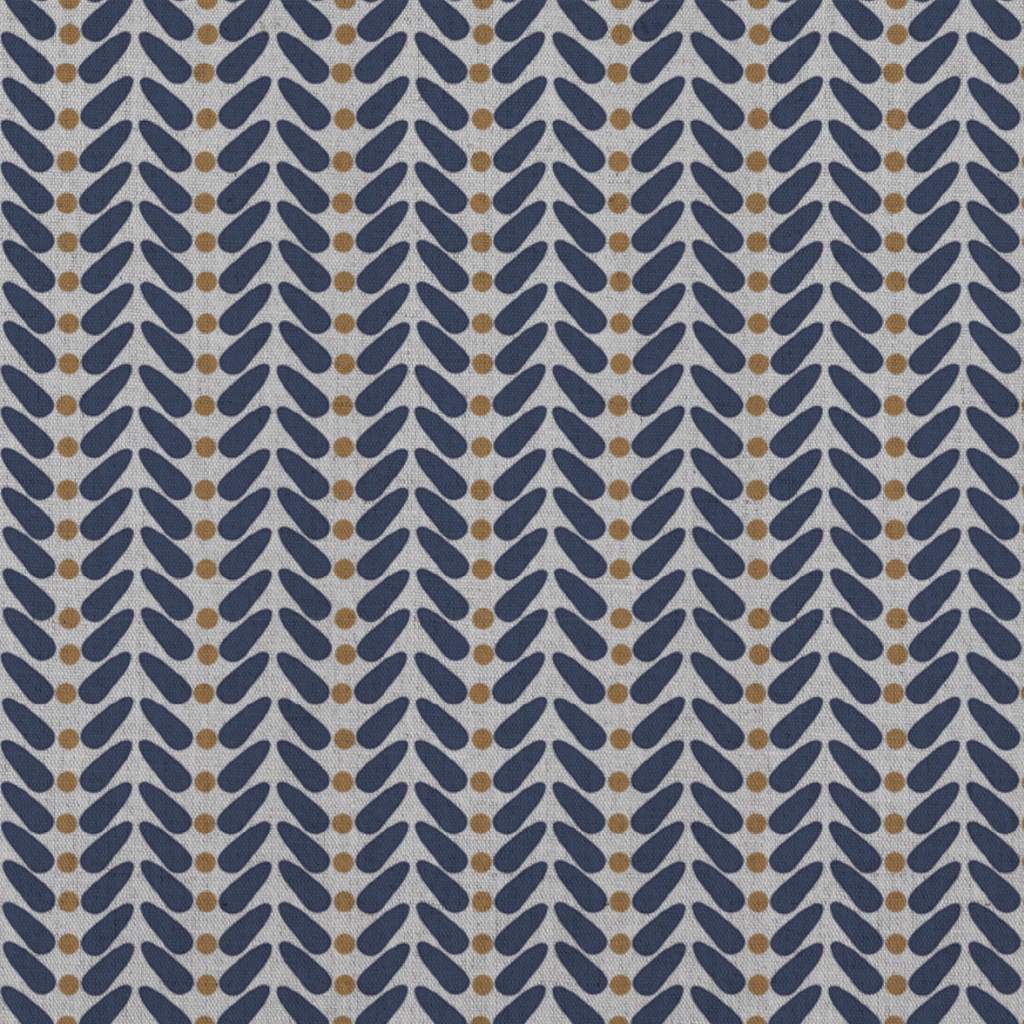 Blue / Orange Patterned Linen Curtain Fabric - Hulda Deep Blue Ochre - Natural base fabric.