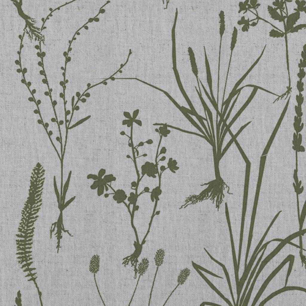 Green Floral Linen Curtain Fabric - Iida Khaki - Natural base fabric.