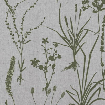 Green Floral Linen Curtain Fabric - Iida Khaki - Natural base fabric.