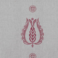 Red Patterned Linen Curtain Fabric - Maya Cherry - Natural base fabric.
