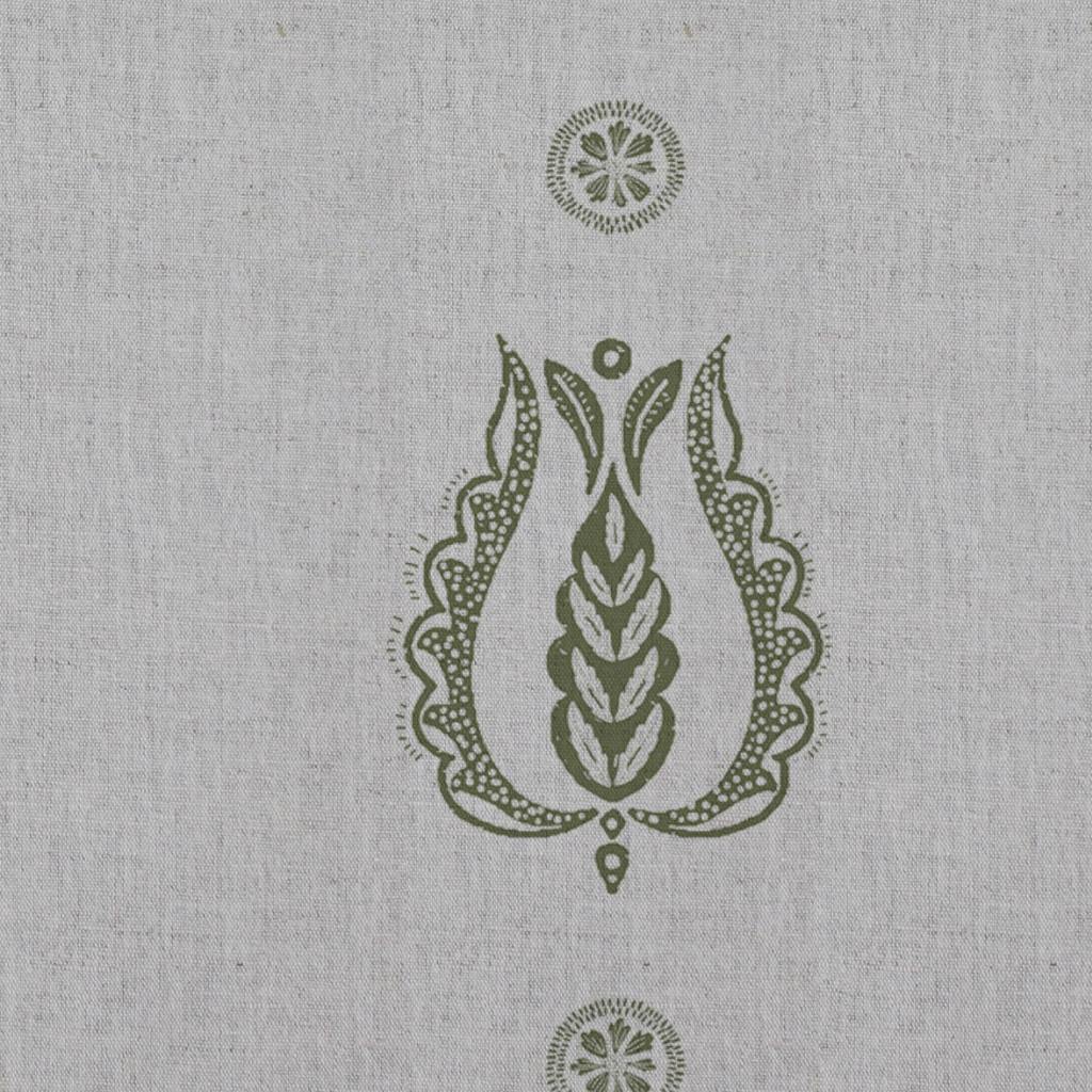 Green Patterned Linen Curtain Fabric - Maya Khaki - Natural base fabric.