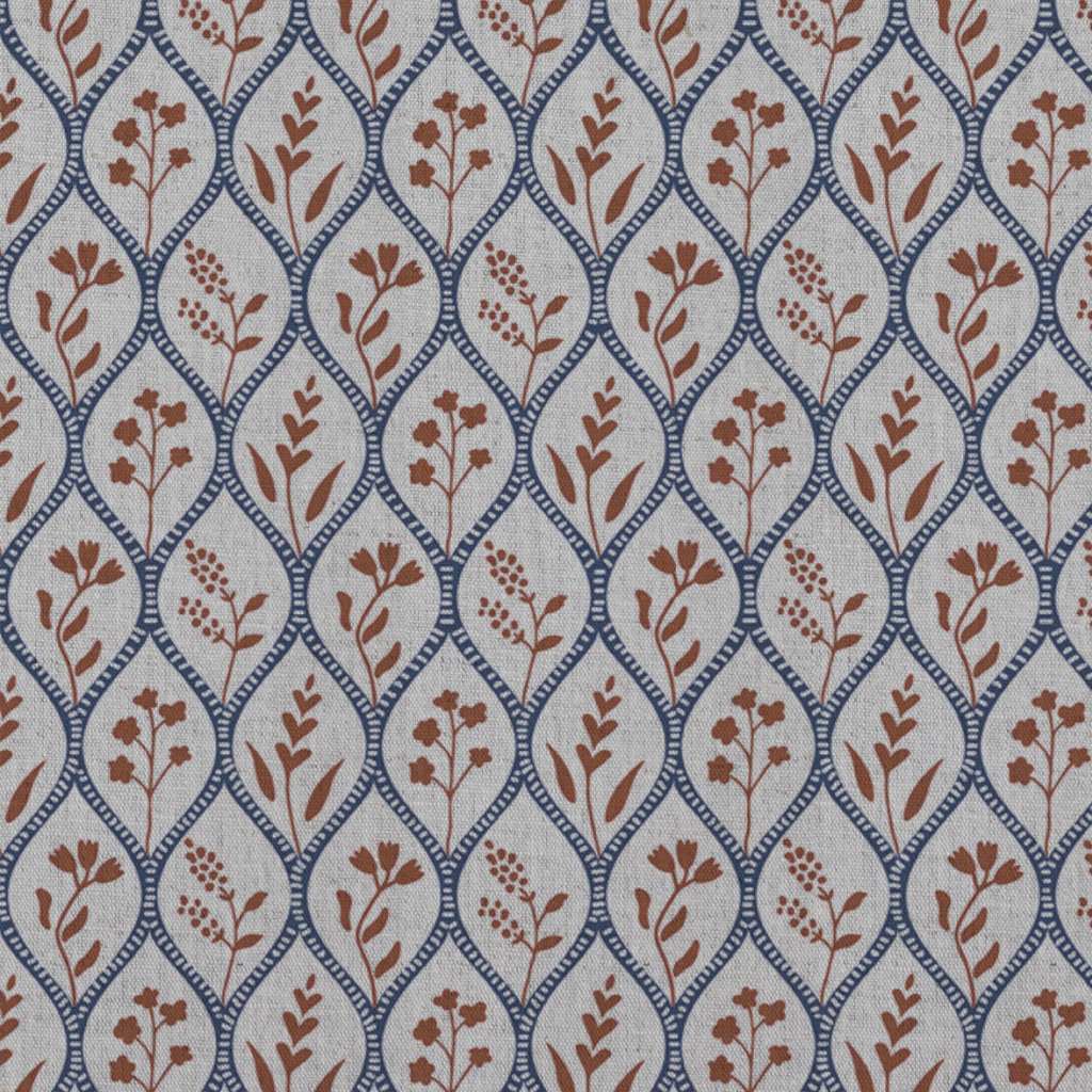 Blue / Orange Floral Linen Curtain Fabric - Miny Blue Terracotta-INV - Natural base fabric.