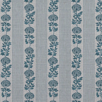 Blue Floral Stripe Linen Curtain Fabric - Skye Blue Stone - Natural base fabric.