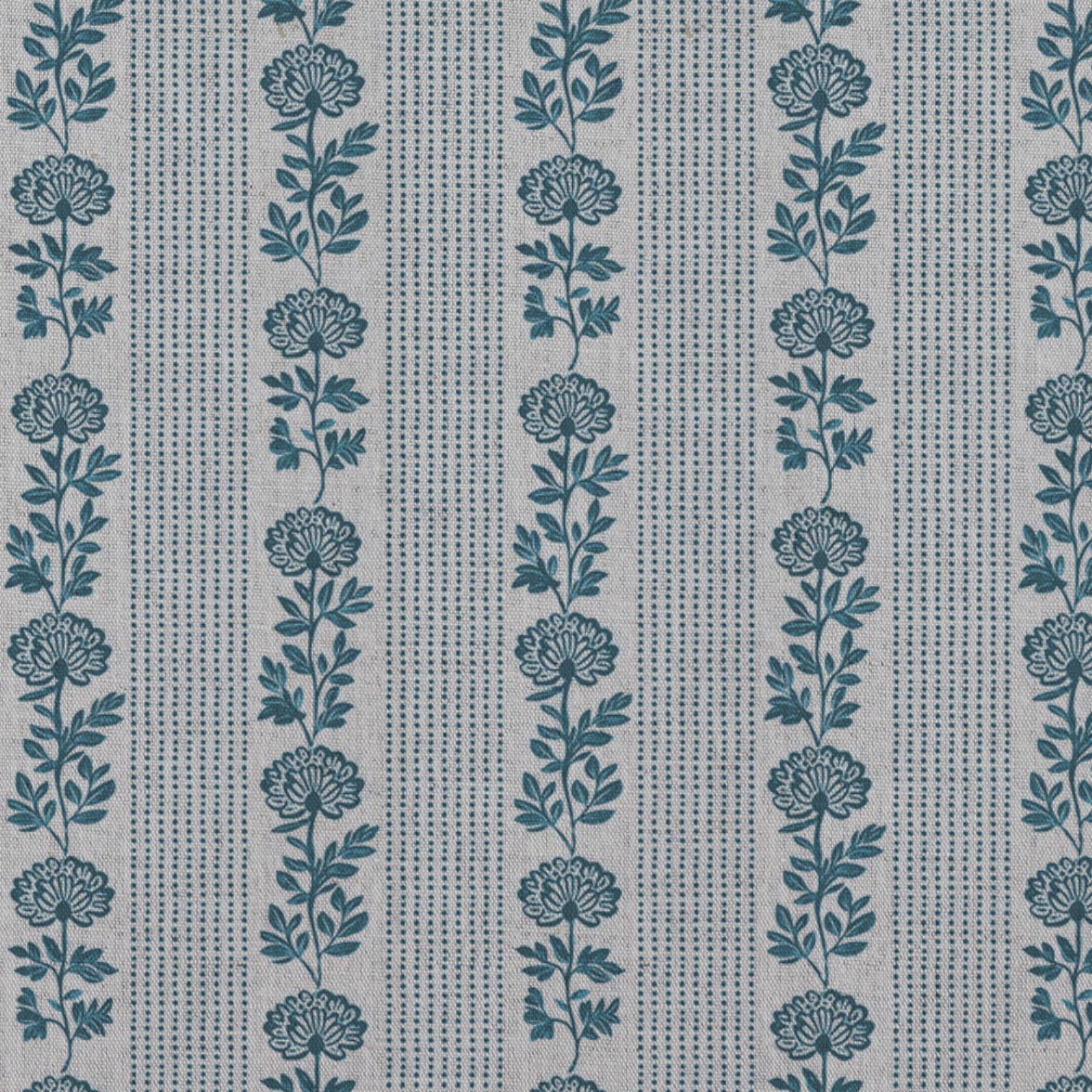 Blue Floral Stripe Linen Curtain Fabric - Skye Blue Stone - Natural base fabric.