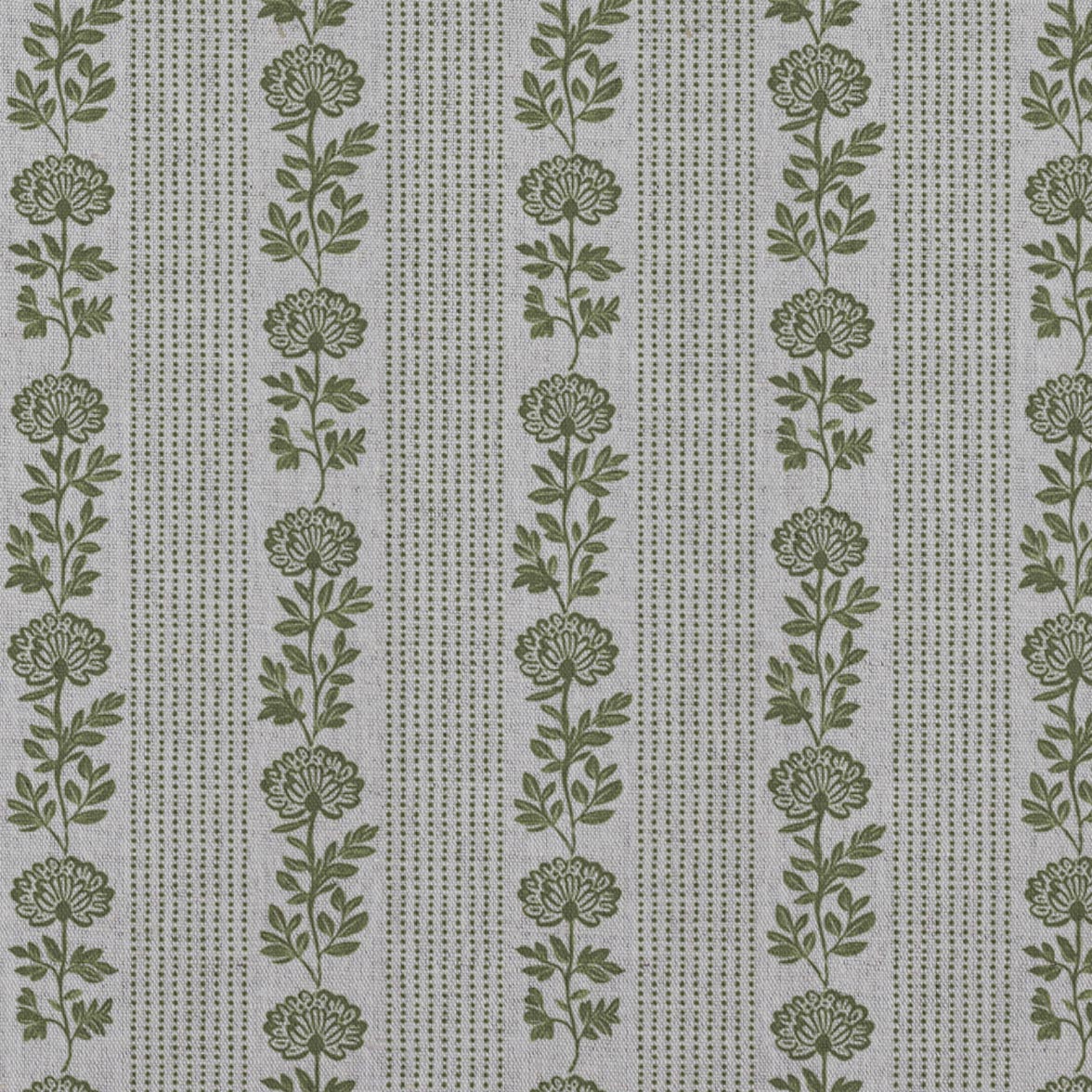 Green Floral Stripe Linen Curtain Fabric - Skye Khaki - Natural base fabric.