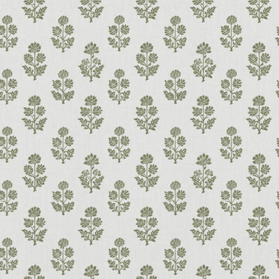 Green Floral Linen Curtain Fabric - Doris Moss-WHT - White base fabric.