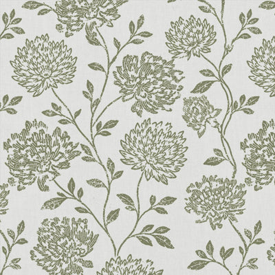 Green Floral Linen Curtain Fabric - Hulsey Moss-WHT - White base fabric.