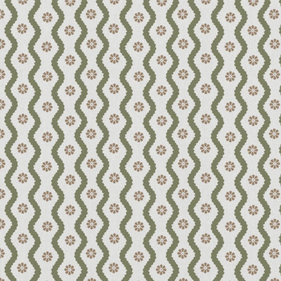 Green Abstract Linen Curtain Fabric - Kirabe Moss-WHT - White base fabric.
