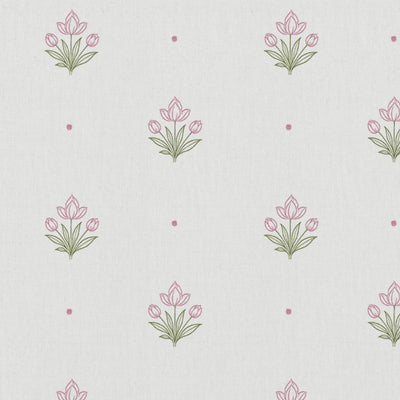 Pink Floral Linen Curtain Fabric - Maryam Pink-WHT - White base fabric.