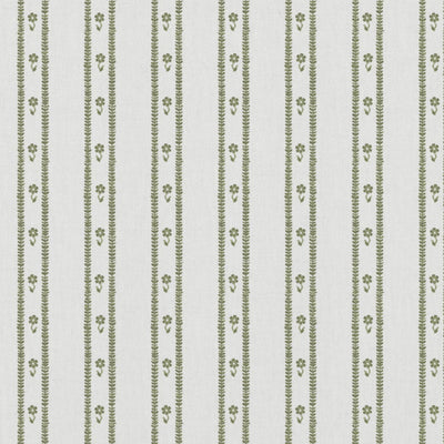 Green Floral Stripe Linen Curtain Fabric - Silvian Moss-WHT - White base fabric.