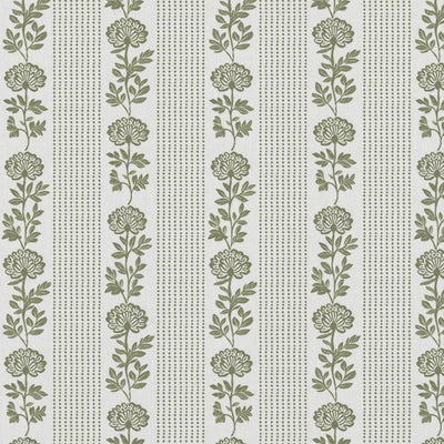 Green Floral Stripe Linen Curtain Fabric - Skye Moss-WHT - White base fabric.