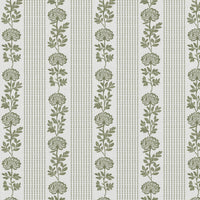 Green Floral Stripe Linen Curtain Fabric - Skye Moss-WHT - White base fabric.