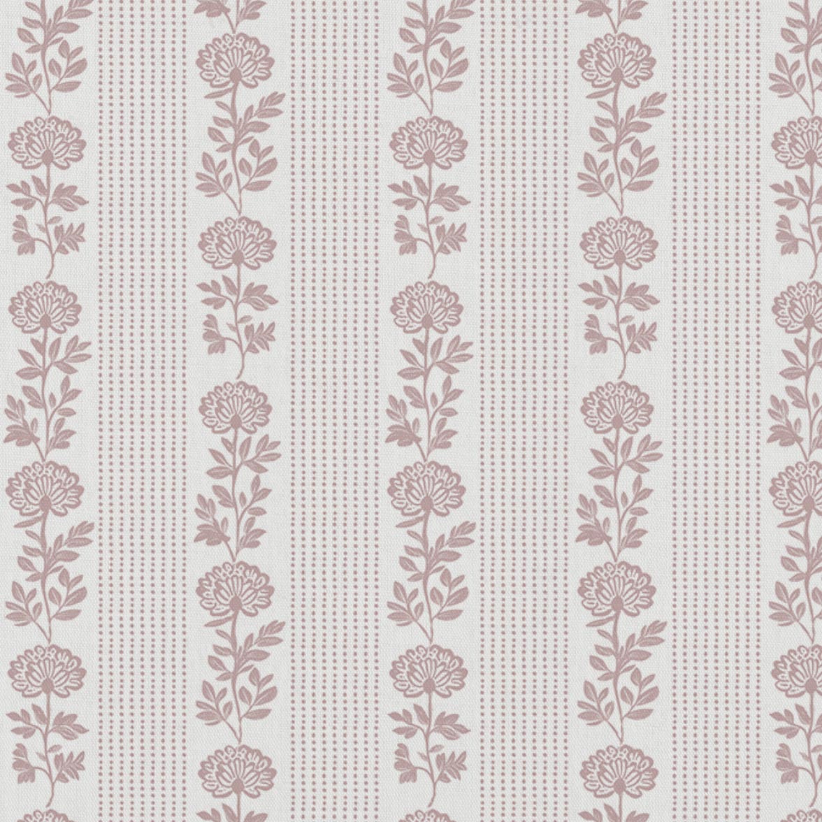Pink Floral Stripe Linen Curtain Fabric - Skye Peony-WHT - White base fabric.