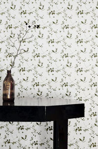 Flora Moss-WHT - White linen fabric with Green botanical print