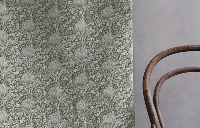 Katarina Moss - White linen fabric with Green floral print