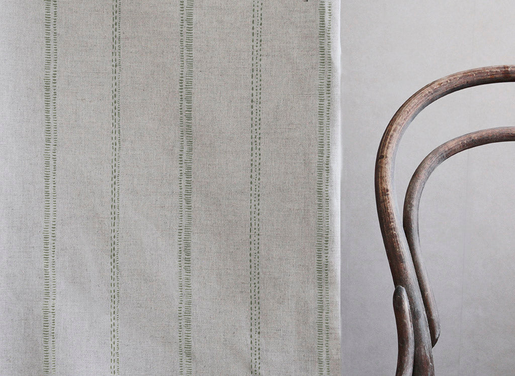 Rae Moss - Curtain fabric with green hand drawn stripes