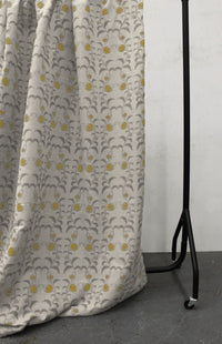 Dana Mustard - Natural fabric with mustard yellow and grey floral pattern