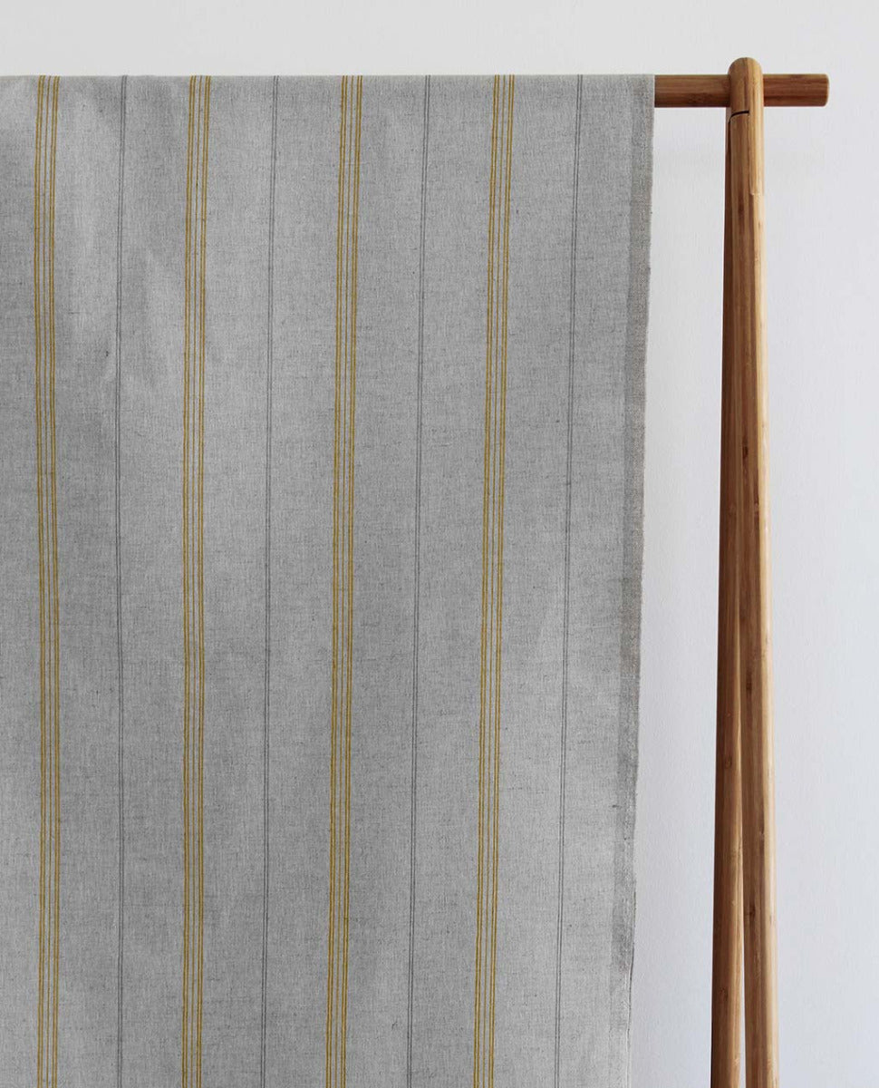 Elise Mustard - Linen Cotton mix curtain fabric, Yellow & Grey stripes