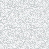Nora Greige-WHT - White fabric for curtains with grey paisley print, 100% linen