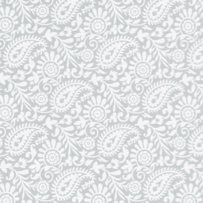 Nora Greige-WHT - White fabric for curtains with grey paisley print, 100% linen