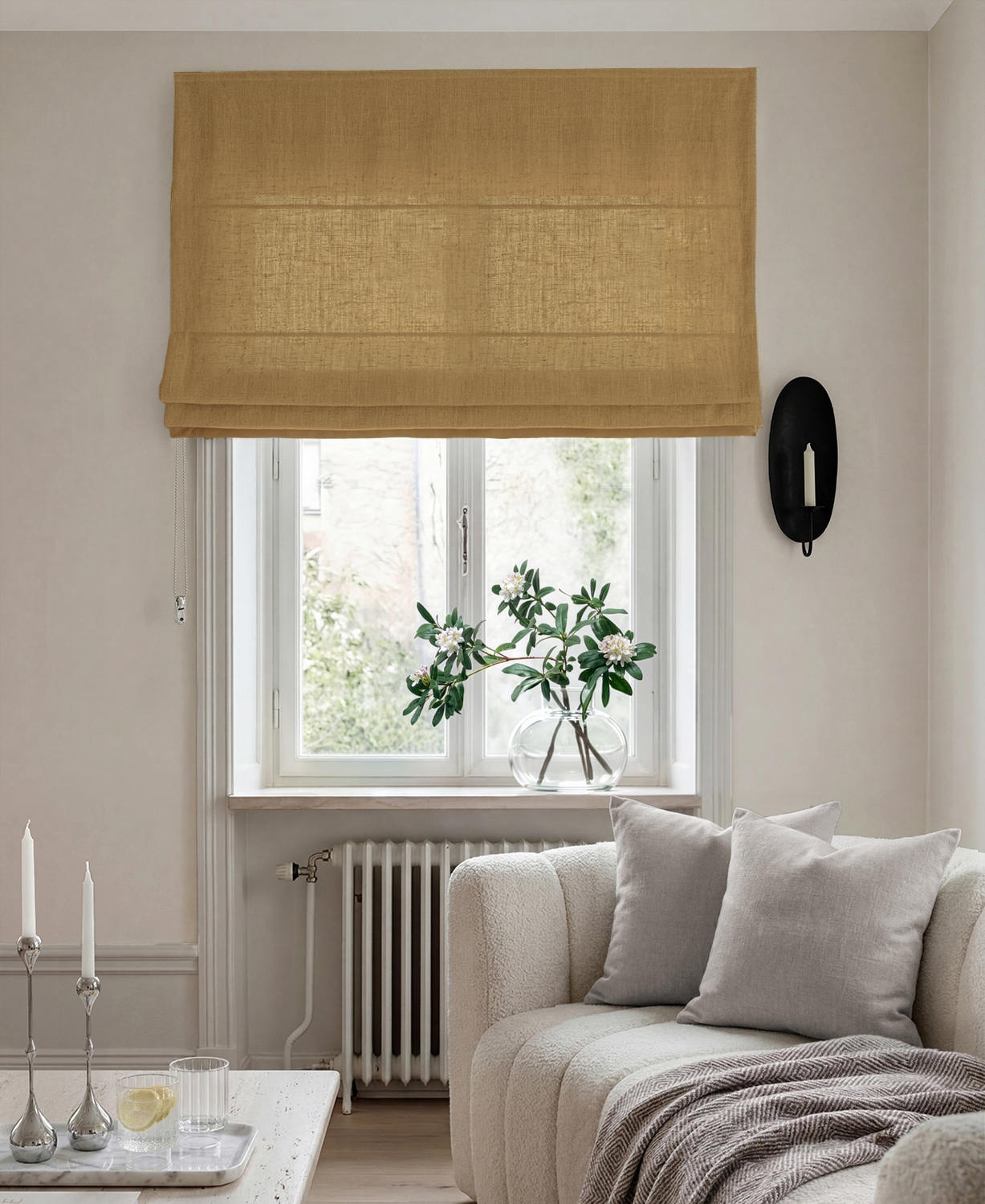 Orange 100% Linen Roman blind. Beata Honey by Ada & Ina Fabrics