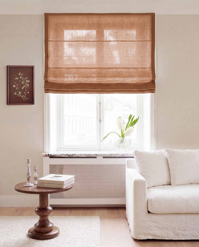 Dark Orange Linen Roman blind. Made of 280 cm wide soft 100% Linen fabric Vilgot Burnt Orange by Ada & Ina