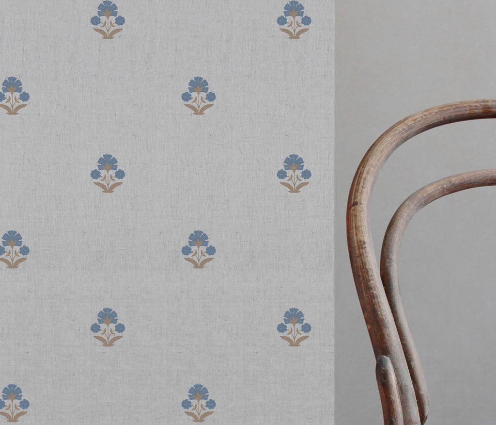 Penelope Blue Sand - Curtain fabric with blue / brown floral print