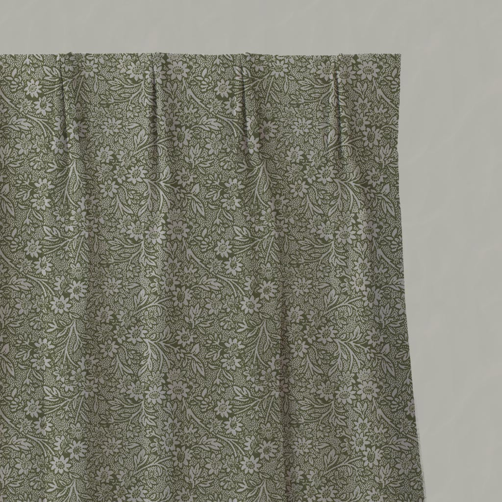 Green Floral Linen Pleated Curtain - Cheye Khaki - Natural base fabric.