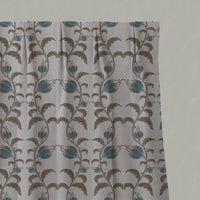 Blue and Brown Patterned Linen Gathered Curtain - Dana Blue Pebble - Natural base fabric.