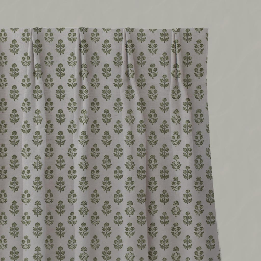 Green Floral Linen Pleated Curtain - Doris Khaki - Natural base fabric.