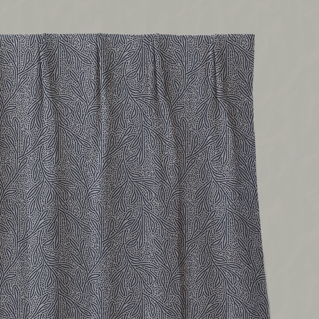 Blue Botanical Linen Pleated Curtains - Alma Deep Blue - Natural base fabric.